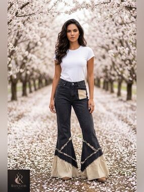 NWT POL Vintage Washing Solid Double Gauze Ruffle Twill Pants Black & Cream
